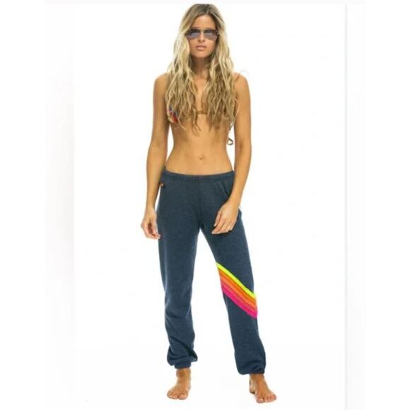 AVIATOR NATION Chevron 5 Neon Striped Sweatpants Blue Womens Sz S - Picture 1 of 10